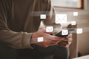 Email and sms marketing concept. Scheme of direct sales in business. List of clients for mailing.