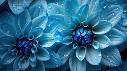 Blue Dahlia flowers with water drops background. Closeup of delicate blossom with glistening droplets. Generative AI