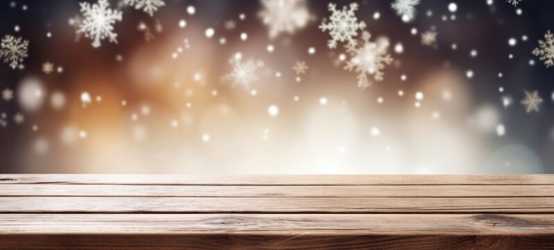 Winter holiday Christmas xmas background banner greeting card - Empty old wooden table with blue sky, snowflaces, ice crystals and bokeh lights in background (Generative Ai)