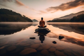 Picture of a person in lotus position meditating on a rock by a calm lake, with the sunrise in the background creating a serene atmosphere.