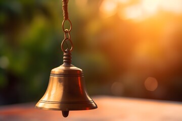 Close-up photograph of a meditation bell with a soft focus background. - obrazy, fototapety, plakaty