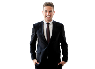 Happy smart business man with team mates discussing on a transparent background