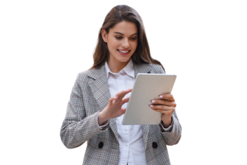 Young smiling businesswoman working on digital tablet on a transparent background