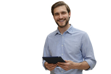 Manager use his tablet for online checking products available on a transparent background