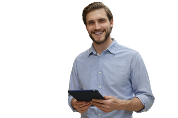 Manager use his tablet for online checking products available on a transparent background