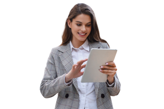 Young smiling businesswoman working on digital tablet on a transparent background
