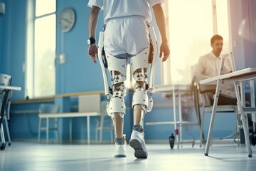 Physiotherapy in modern hospital: injured patient walks on treadmill wearing advanced robotic prosthetics. Physical therapy rehabilitation technology to enable people with disabilities to walk. - obrazy, fototapety, plakaty