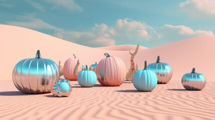 Several aluminum pumpkins in a desert atmosphere. generative AI