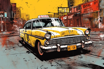 Yellow cab taxi car vintage illustration