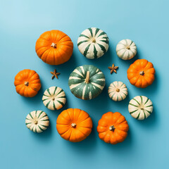 Several colorful pumpkins piled up on a mint background. Generative AI