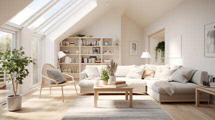 Fototapeta na wymiar Scandinavian Indoor Design: Inspiring Real-Estate Rooms, Nature-Inspired new modern loft apartment. 3d rendering Generative AI