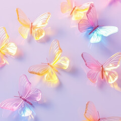 Transparent glowing butterflies in rainbow color, miimla pastel background. Generative AI