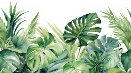 Watercolor painting of green tropical leaves. Generative Ai