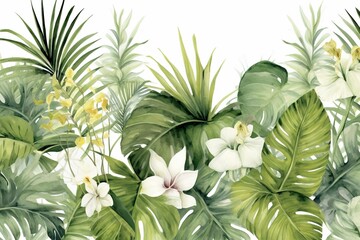 Watercolor painting of green tropical leaves. Generative Ai