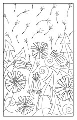 Abstract summer dandelions. Stylized line art, outline black vector on a white background.