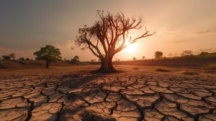 Dry land with dead tree in the sunset, Namibia. Generative AI