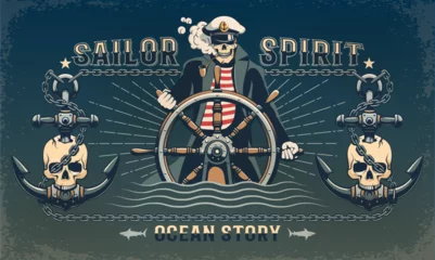Poster Maritime pirate retro poster with a skull captain at the helm and anchors. Pirate vintage poster with a grunge effect. Vector illustration with a distressed effect. © Agor2012