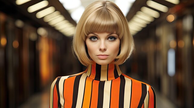 A Woman With Bob Haircut Wearing A Striped Shirt