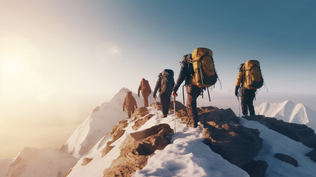 A group of climbers walk the crest of a mountain created with generative AI technology