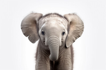 With elegance and grace, a baby elephant poses against a pristine white backdrop, enhanced by studio lighting. Generative AI.