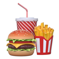 Fast food hamburger, fries and soft drink 3d rendering