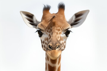 In the realm of innocence, a baby giraffe shines brightly on a white background, guided by the magic of studio lighting. Generative AI.