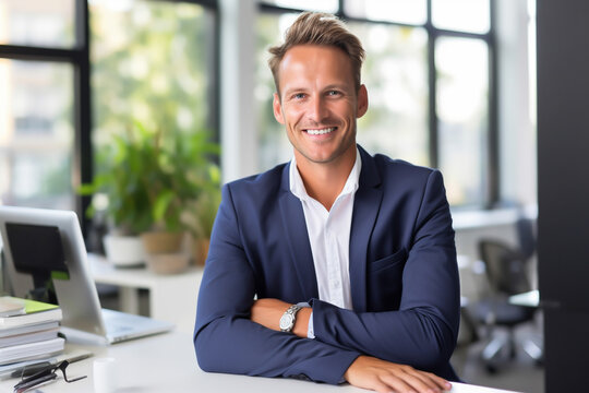 Business man with suit and tablet PC in modern office, smiling at camera - theme business, digital, vision, future - Generative AI