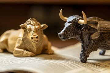 Close-up shot of a bull figurine placed on a newspaper financial page, symbolizing the market trends in stock trading.