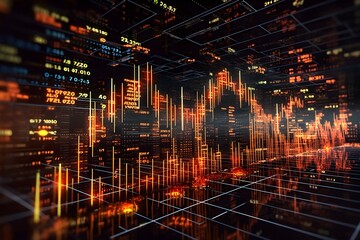  Dynamic photo of fluctuating stock market numbers on a digital screen, depicting the volatility and excitement of financial markets.