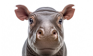 Fototapeta premium A baby hippo radiates pure joy as it stands against a white background, captivated by the mesmerizing studio light. Generative AI.
