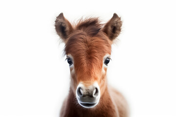 In the realm of innocence and wonder, a baby horse captivates on a white background, illuminated by the magic of studio lighting. Generative AI.