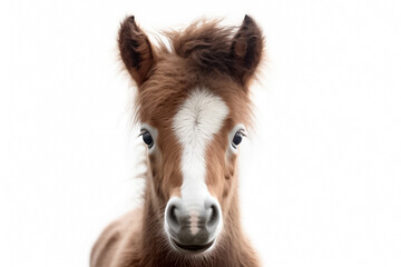 In the realm of innocence and wonder, a baby horse captivates on a white background, illuminated by the magic of studio lighting. Generative AI.