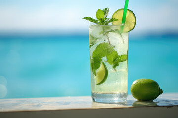 Mojito cocktail on table and sea background in afternoon. generative AI