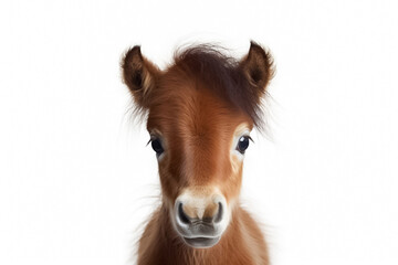 In the realm of innocence and wonder, a baby horse captivates on a white background, illuminated by the magic of studio lighting. Generative AI.