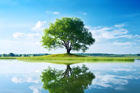 湖に佇む１本の大きな木　with generative ai