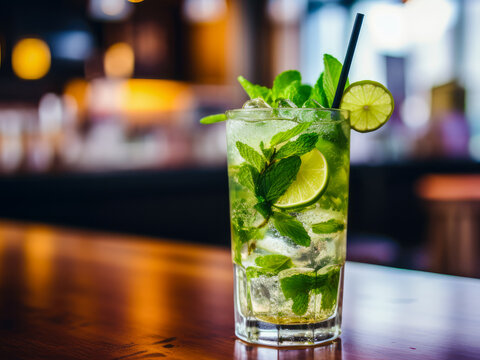 Mojito cocktail on table in luxury cafe. Generative AI