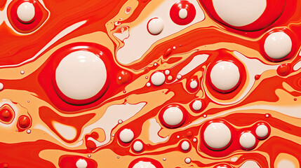 Abstract white paint drops mixed in red oil background. Non-mixing fluids pattern. Generative AI