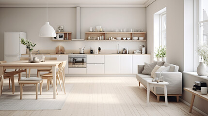 Fototapeta na wymiar Scandinavian Indoor Design: Inspiring Real-Estate Rooms, Nature-Inspired new modern loft apartment. 3d rendering Generative AI