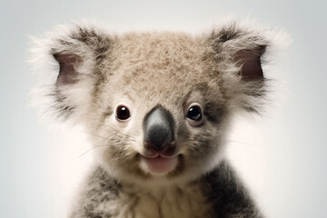 In a world of purity, a baby koala takes center stage on a white background, embraced by the ethereal studio lighting. Generative AI.