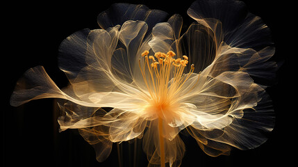 Golden x-ray image of a ethereal flower on black. Fantasy mystical blossom. Generative AI - obrazy, fototapety, plakaty