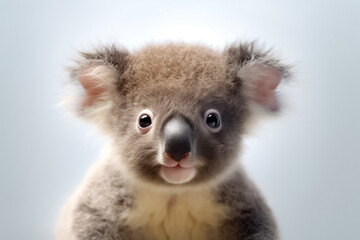In a world of purity, a baby koala takes center stage on a white background, embraced by the ethereal studio lighting. Generative AI.