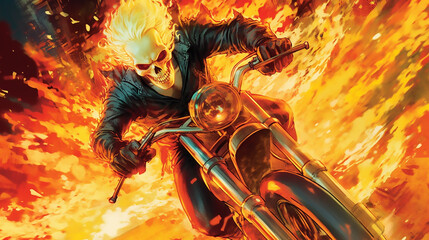 Motorcycle ghost rider riding route 66 with wheels on fire in leather jacket