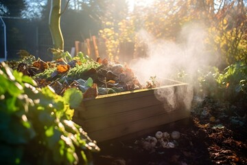 A compost heap steaming in the morning light in a permaculture garden, symbolizing organic waste recycling and soil fertility.