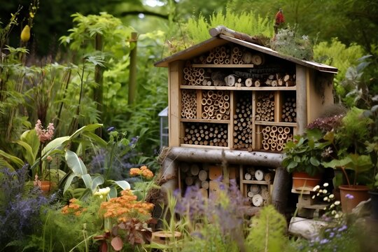 A photo of an insect hotel in a permaculture garden, promoting biodiversity and natural pest control.