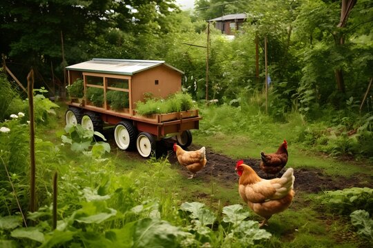 A photo showing a chicken tractor moving across a permaculture garden, illustrating the integration of animals in permaculture systems.