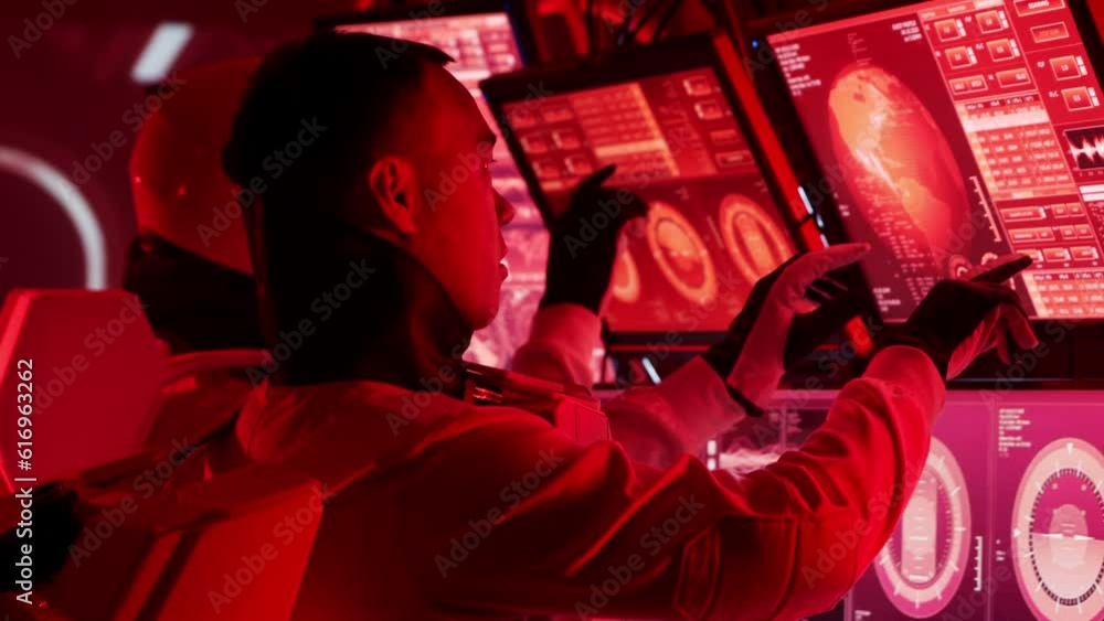 Wall mural team of astronauts in a space suits aboard the mars station. a crew of cosmonauts piloting the space