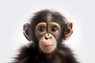 A baby chimpanzee's innocence and joy shine through on a white background, illuminated by the ethereal studio lighting. Generative AI.