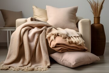 bed with beige pillows