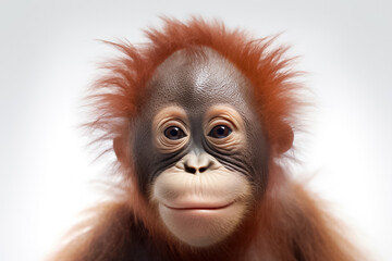 With a backdrop of pure serenity, a baby orangutan poses gracefully on a white background, radiating charm under the warm studio light. Generative AI.