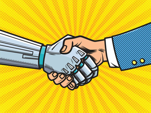 Android and human handshake. Artificial intelligence and human cooperation. Pop art vintage vector illustration